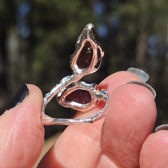 Tourmaline 16k & Rhodalite & Citrine Sterling & Gold Wrap Ring Sz9 Adjustable - Picture 8 of 9